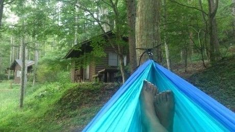 森林でハンモックに揺られる様子