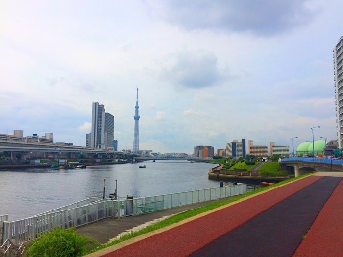 汐入公園内の隅田川沿いのテラス・遊歩道から見えるスカイツリー