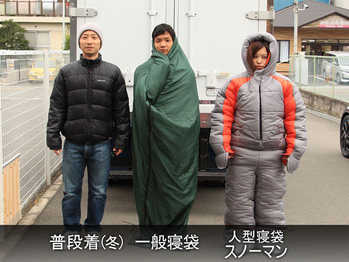 普段着、一般寝袋、人柄寝袋スノーマンの被験者たち