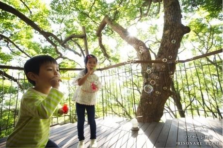 ツリーハウスでシャボン玉をする子供たち