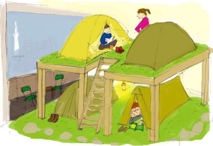スカイツリーを見ながらキャンプをする絵