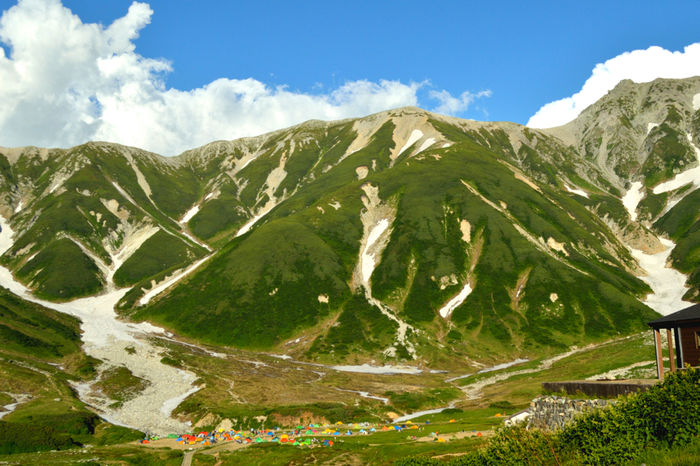 雷鳥沢キャンプ場の山々と小さく見えるカラフルなテント