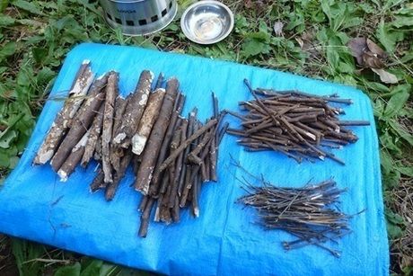 ビニールの上にのせられた大小の薪