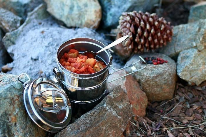 ステンレス容器に入れられたキャンプ飯