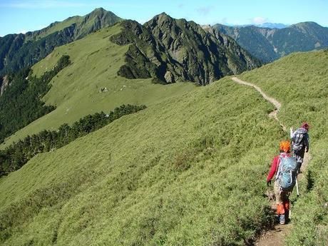 景色の良い山道を歩く様子
