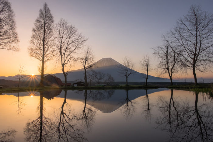 朝日に照らされ、河口湖の水面に映る富士山