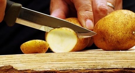 ナイフで果物を切る様子
