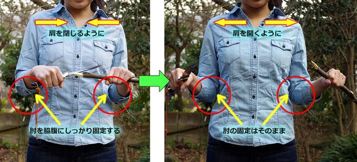 腕の前で枝をナイフで切るやり方