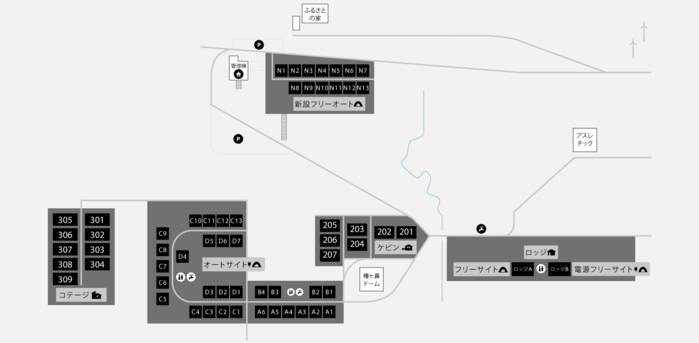 奥日田キャンプフィールド内の区画の地図