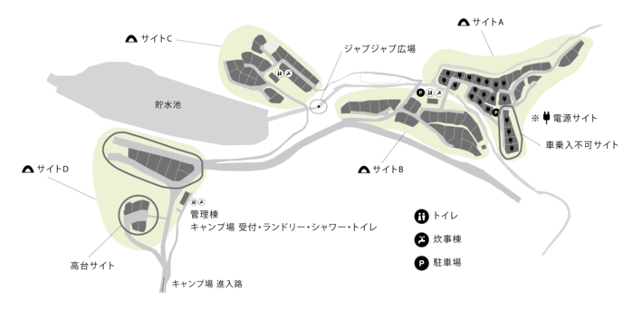 箕面キャンプフィールド内のサイト区画の地図