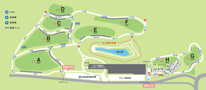 スノーピークヘッドクォーターズキャンプフィールド内のサイト区画の地図