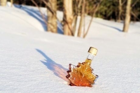 雪に埋もれたメープルシロップの瓶