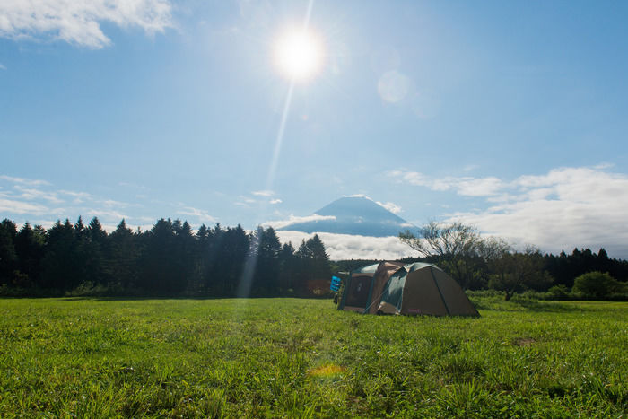 ふもとっぱらキャンプ場にたてられたテントと空に浮かぶ富士山