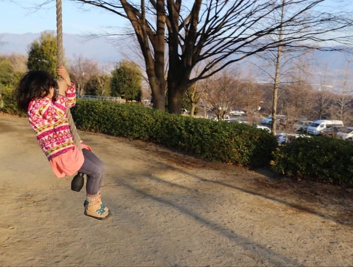 笛吹川フルーツ公園のアスレチックで遊ぶ子供