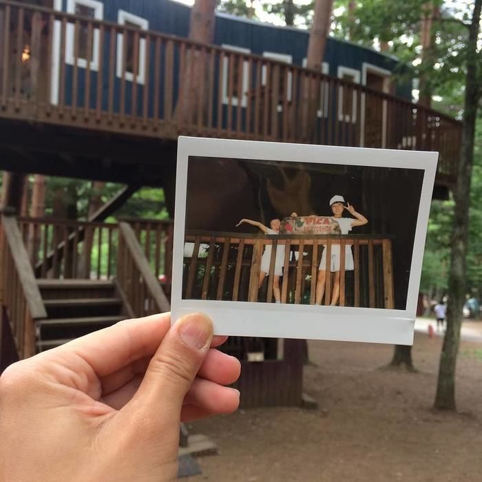 ツリーハウスで遊ぶ子供たちの写真をツリーハウスをバックにもち撮った写真