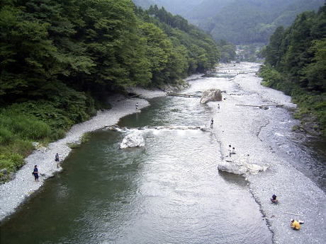 奥多摩フィッシングセンターの川辺の空撮
