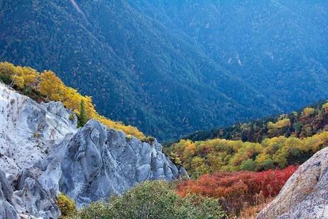 岩山に映る紅葉の写真