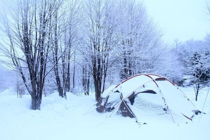 テントに雪が積もった様子