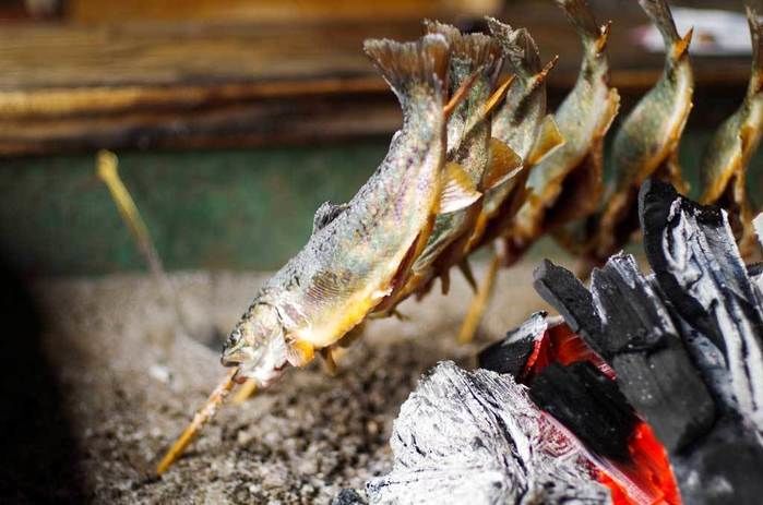 ナラ入沢渓流釣りキャンプ場で釣った魚を焼く様子