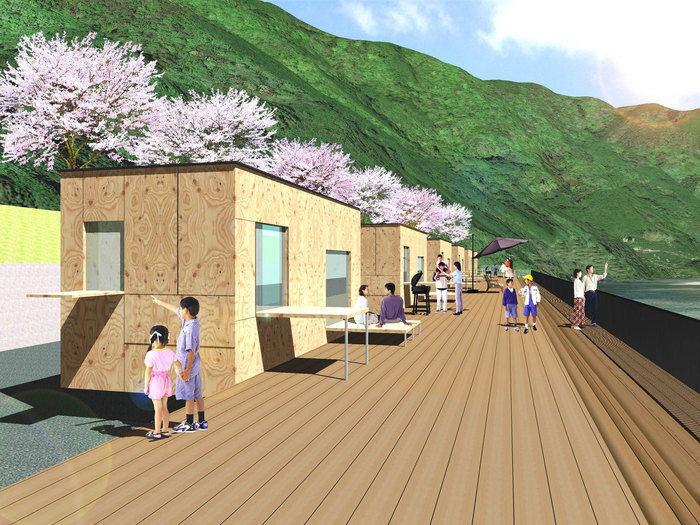 スノーピークおち仁淀川キャンプフィールドに住箱が設置された完成イメージ