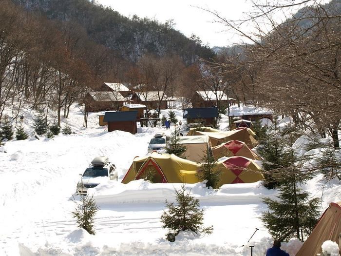 大鬼谷オートキャンプ場の雪の中のテント