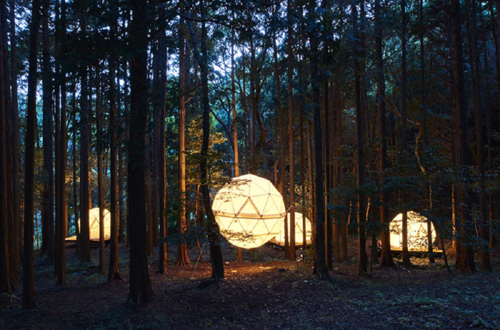 INN THE PARKの球体型テントから漏れる灯り