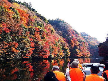 カヌーで紅葉を楽しむ人たち