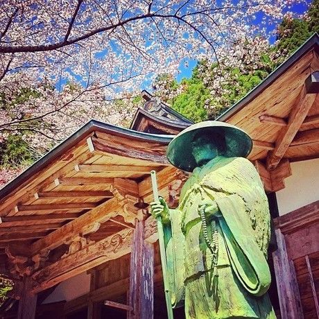 月輪寺の桜と像