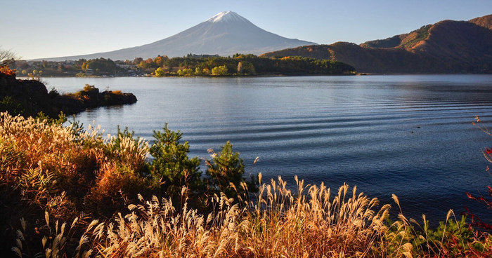 湖からの富士山の眺め