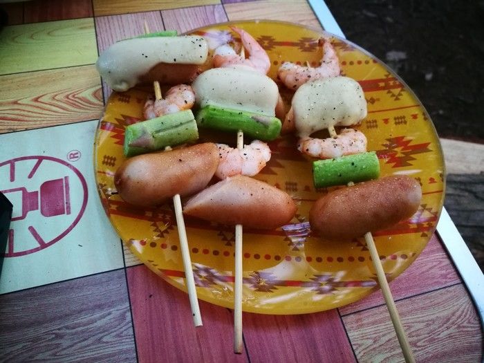 エビとアスパラとウィンナーの串焼き