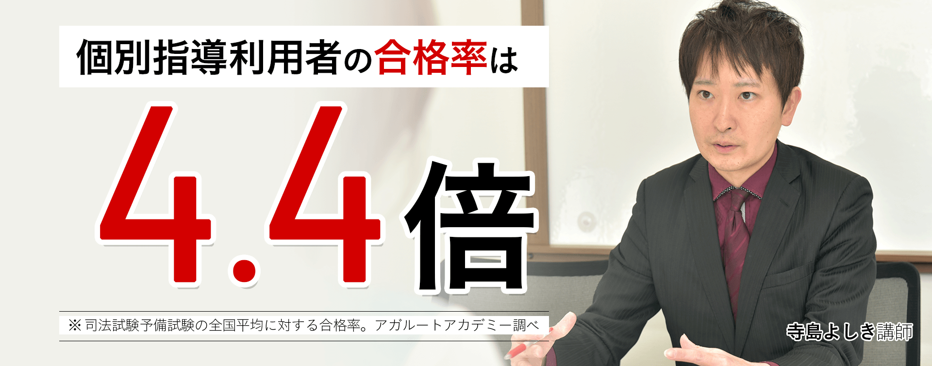 個別指導利用者の合格率は4.4倍※司法試験予備試験の全国平均に対する合格率。アガルートアカデミー調べ