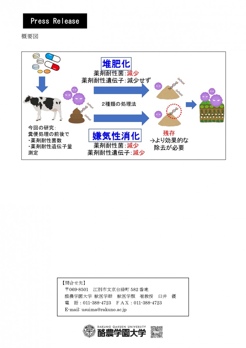 プレスリリース 家畜糞便処理中の薬剤耐性菌 耐性遺伝子の動態を解明 獣医学類 臼井優准教授 酪農学園大学 農食環境学群 獣医学群