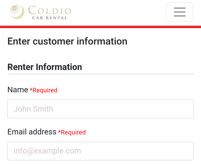 コルディオレンタカーの予約情報入力