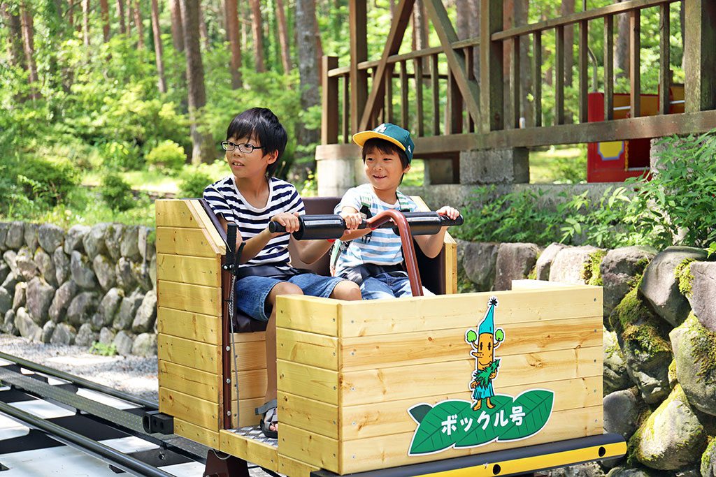 2人乗りで漕いで進む「トロッコイデ」/富士すばるランド(山梨県富士河口湖町)