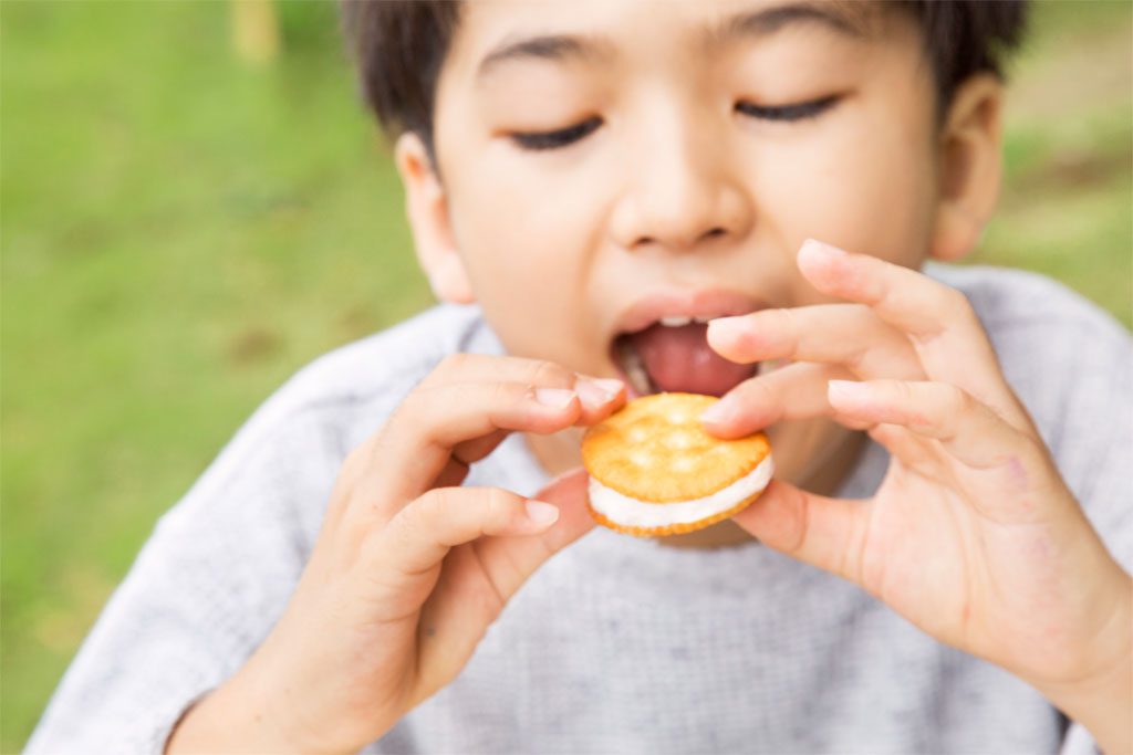 焼きマシュマロをビスケットではさんで食べる男の子/おすすめバーベキューデザート