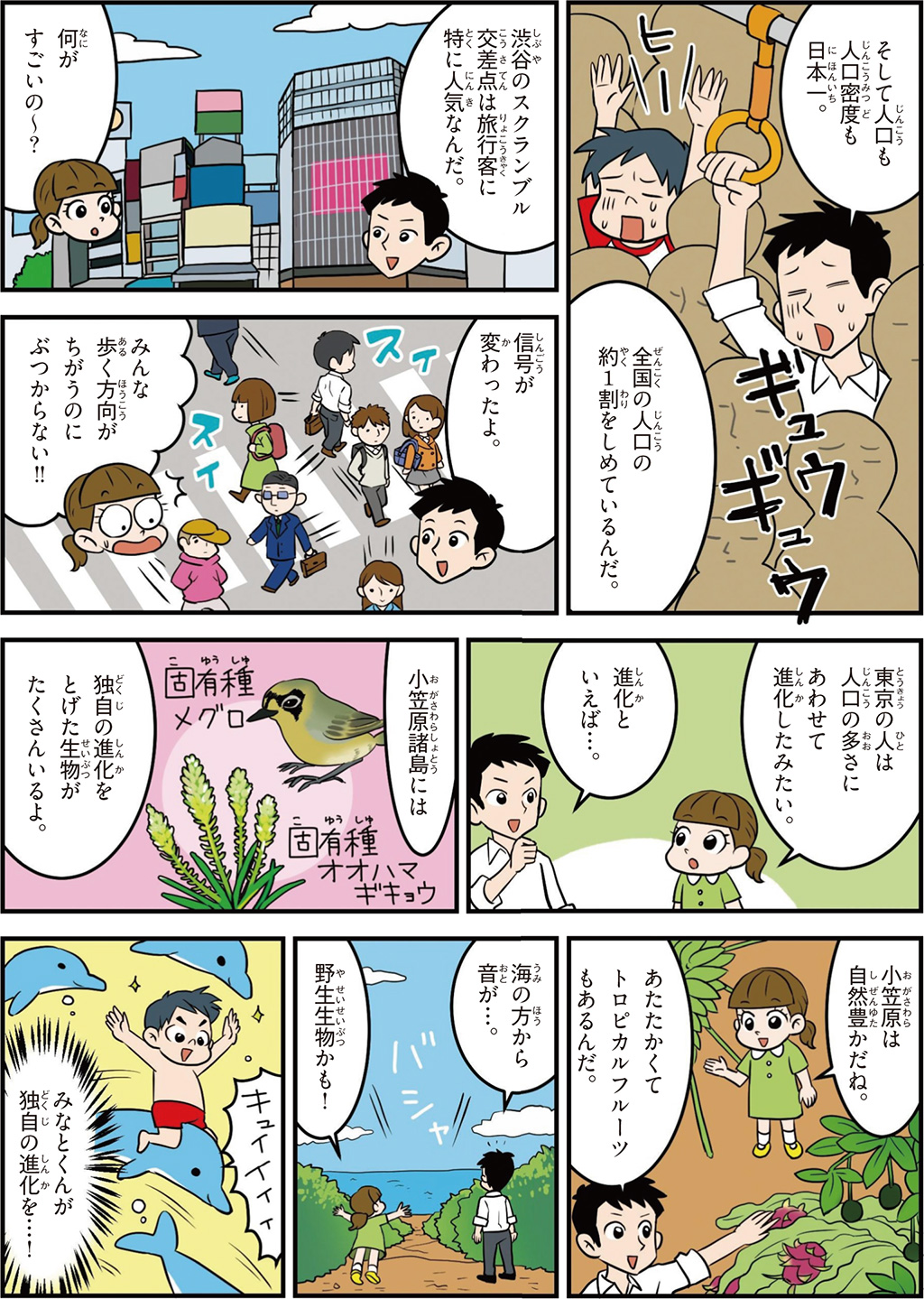 東京都の特徴マンガ2/人口密度日本一、渋谷スクランブル交差点、小笠原諸島