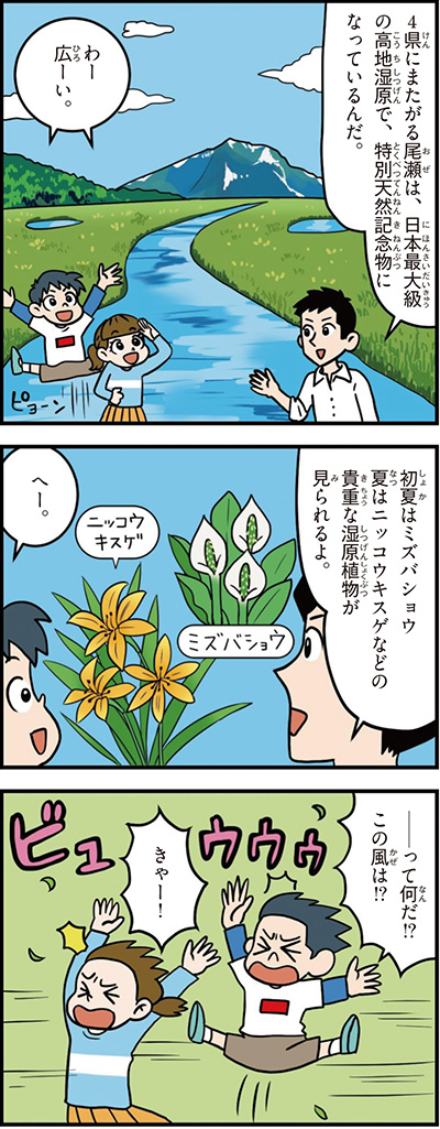 群馬県の特徴マンガ1/尾瀬、日本最大級の高地湿原、ミズバショウ、ニッコウキスゲ