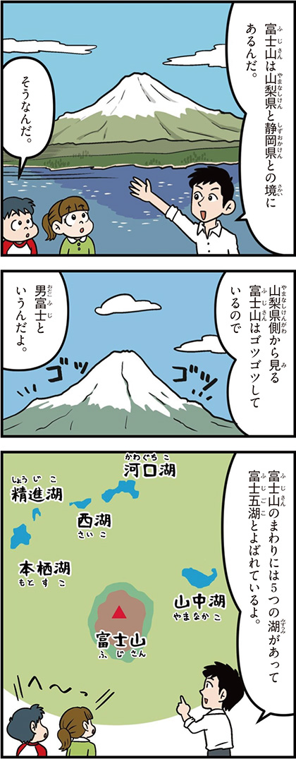 山梨県の特徴マンガ1/富士山、富士五湖、河口湖、山中湖、本栖湖、西湖、精進湖