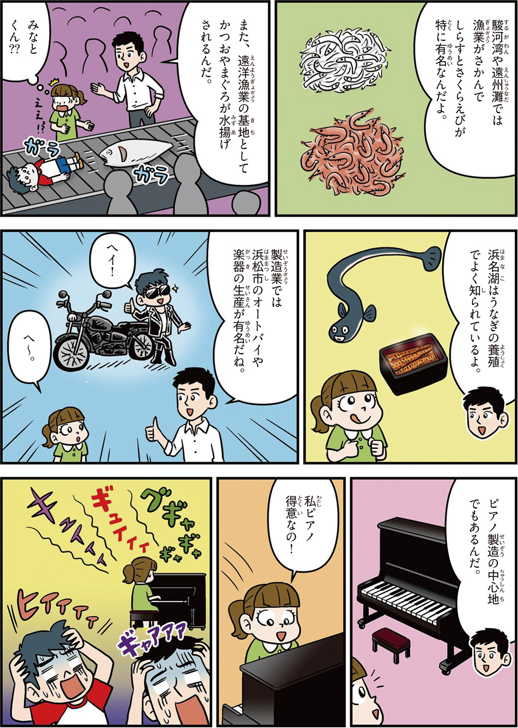 静岡県の特徴マンガ2/しらす、さくらえび、うなぎの養殖、オートバイや楽器の生産