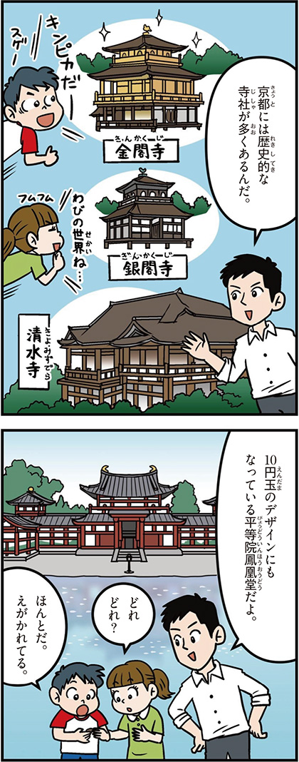 京都府の特徴マンガ1/金閣寺、銀閣寺、清水寺、平等院鳳凰堂