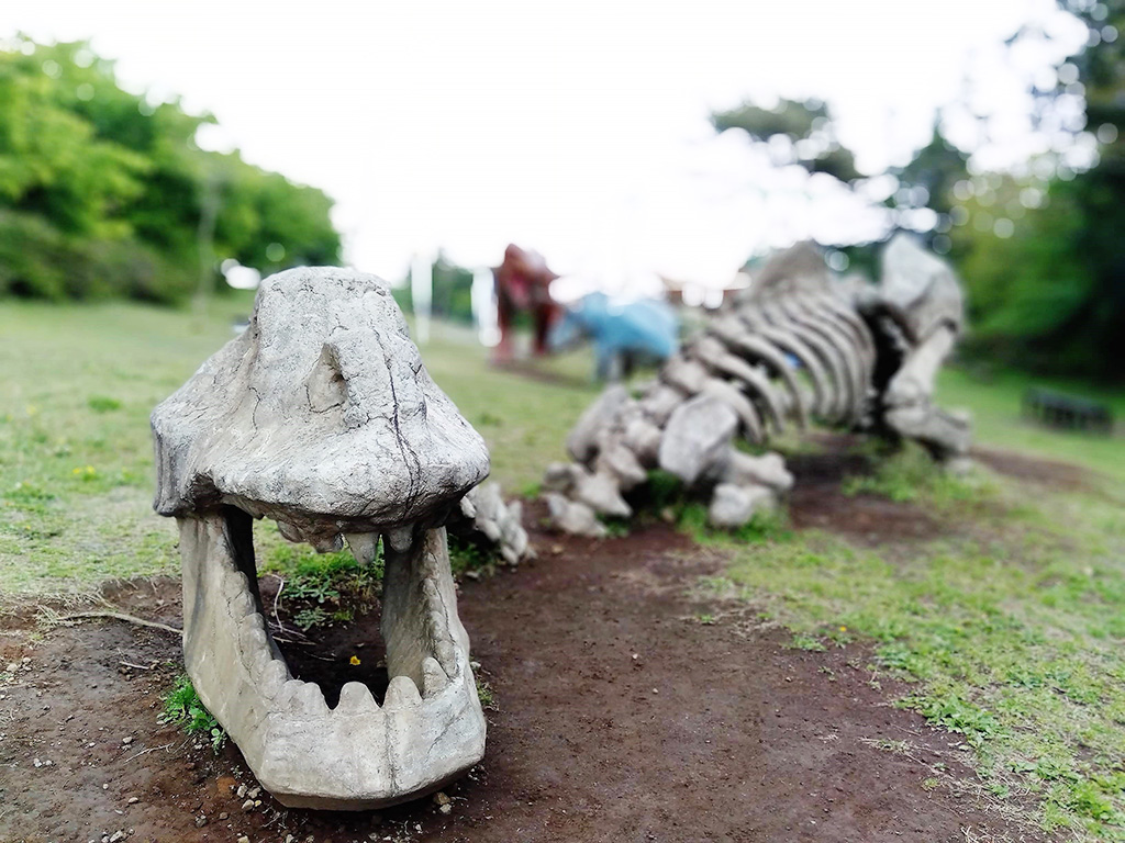 骨になった恐竜(スケルトンザウルス)のオブジェ/恐竜広場(小室山公園内)(静岡県/伊東市)
