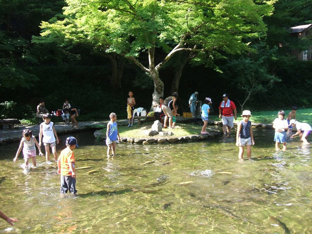 ふれあい河川で水遊びする子どもたち/滋賀県醒井養鱒場