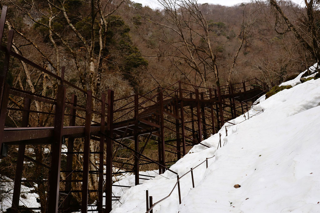 橋を渡り整備された鉄製の階段を登る/河内の風穴(滋賀県/多賀町)