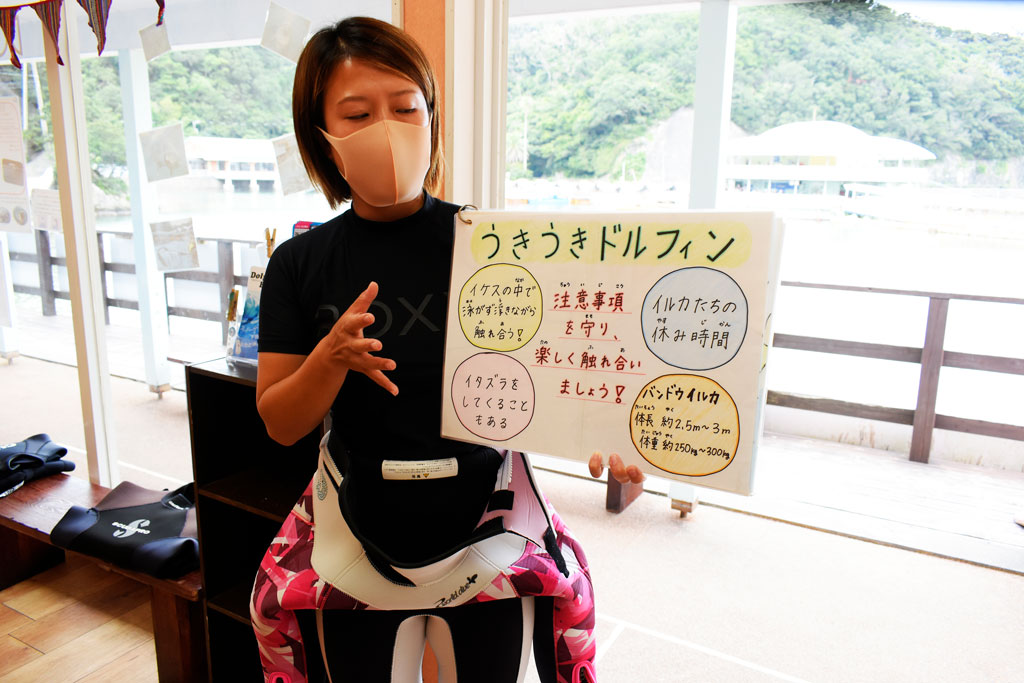 「うきうきドルフィン」についての説明と注意事項をレクチャー/下田海中水族館(静岡県/下田市)