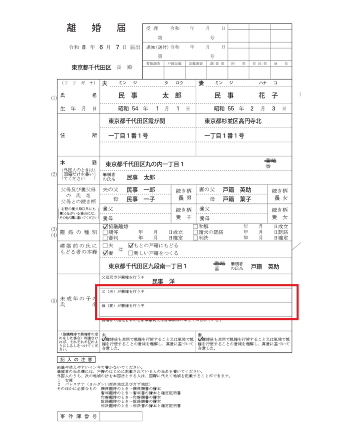 単独親権を選ぶ場合の書き方