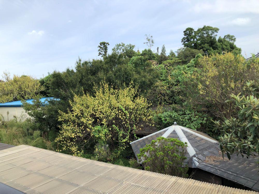 千葉県山武郡九十九里町粟生の売買物件/2階テラスからの景色。パーゴラと倉庫の屋根が見えますね