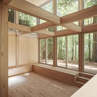 千葉県いすみ市岬町椎木の売買物件/参考パース：「2階建」プランの内観。あえて数段床レベルを下げた2層吹き抜けで、森のシャワーをダイレクトに浴びるような気持ちいい空間。