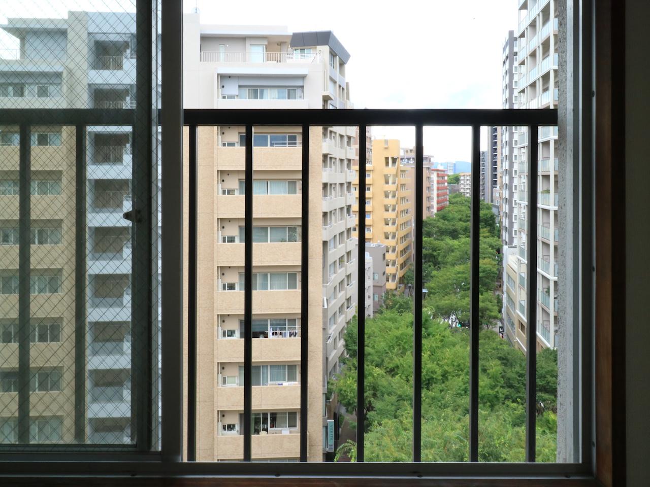 福岡市中央区警固の賃貸物件/窓からのぞく、けやき通りの木々たち。ビルに挟まれずらっと奥まで伸びるこの様子は、階上からしか見れない光景です。