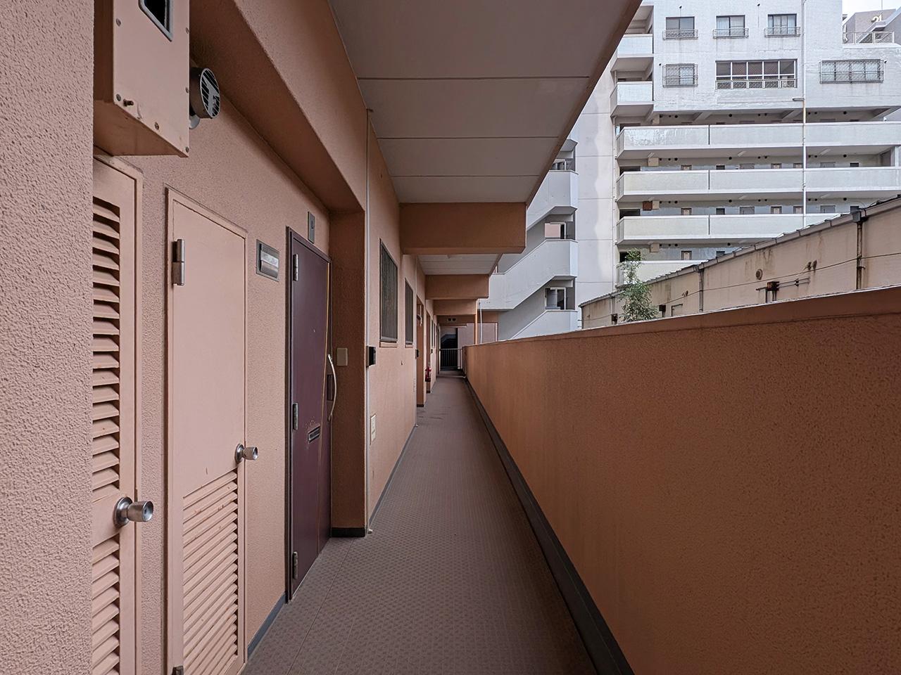 福岡市中央区薬院の賃貸物件/共用通路は、築年数なりの雰囲気。