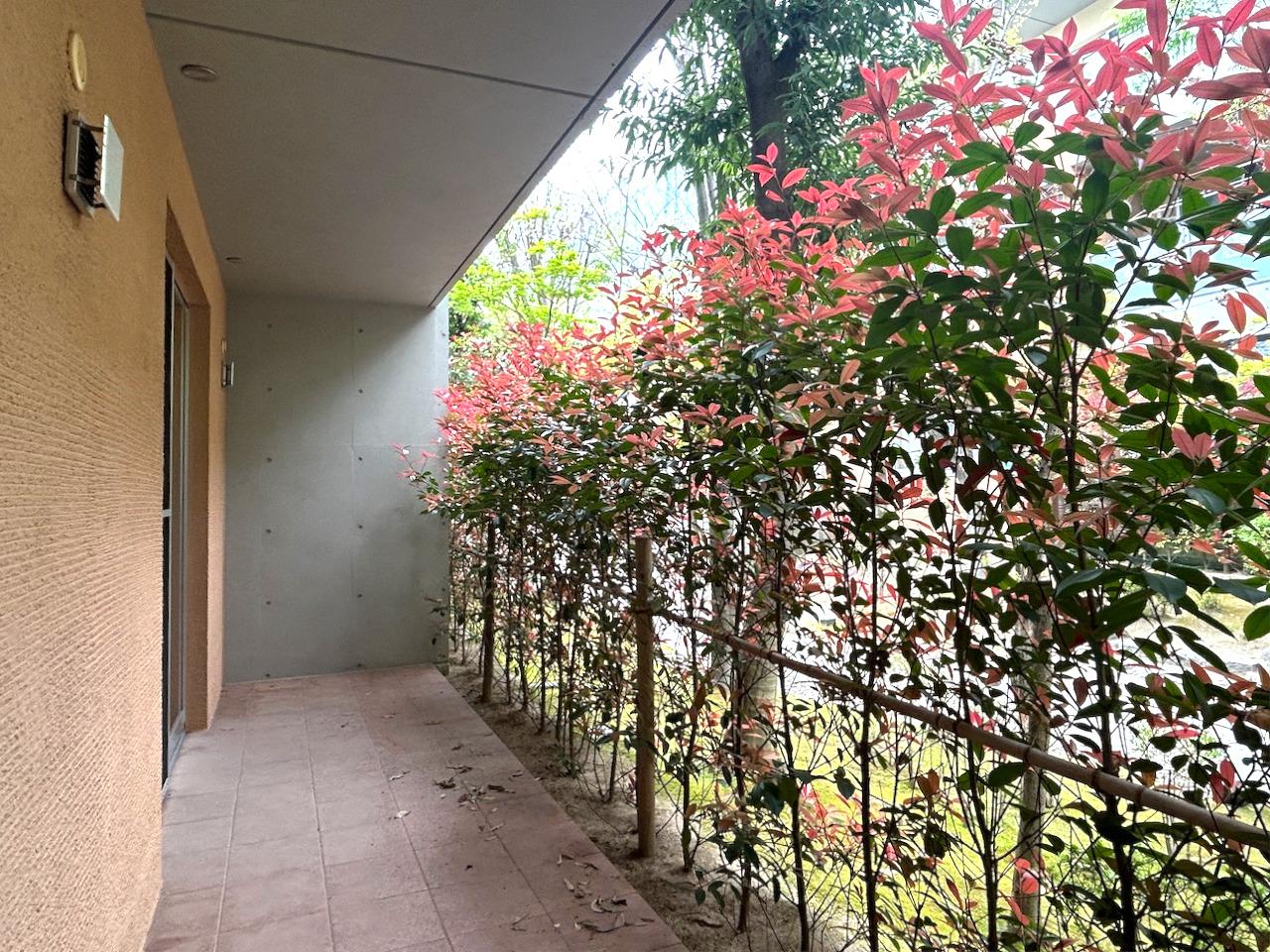 福岡市西区小戸の賃貸物件/両側にテラスがあり、風通しも◎。外からの視線は植栽がふんわり遮ってくれます。